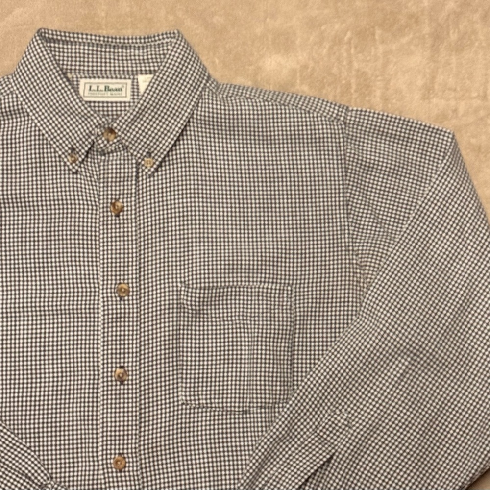 LL Bean Flannel Shirt Mens Large Reg Black White Checkered Striped